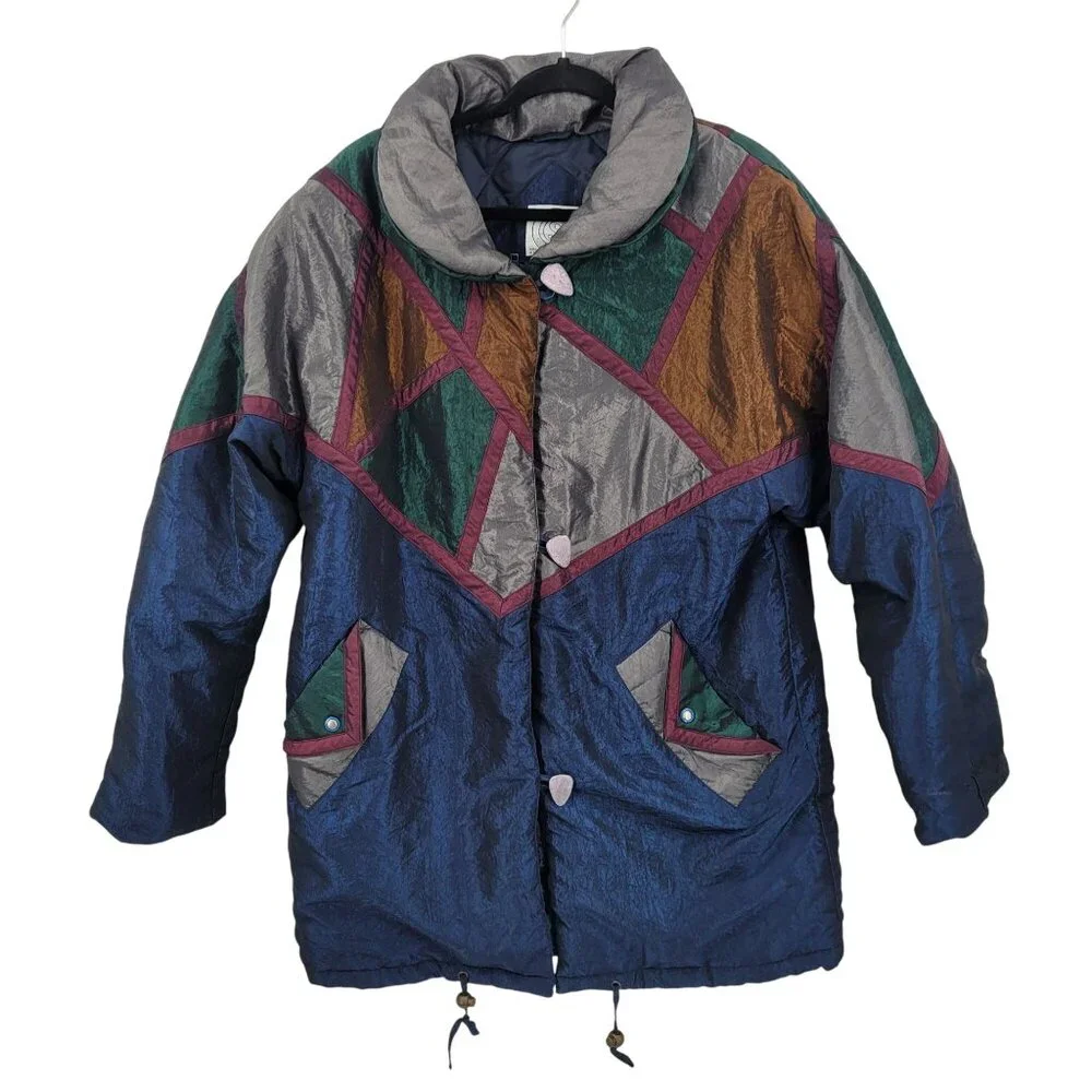 Vtg 80s Colorblock Nylon Winter‎ Jacket Coat Sz M Metallic Multicolor Geometric